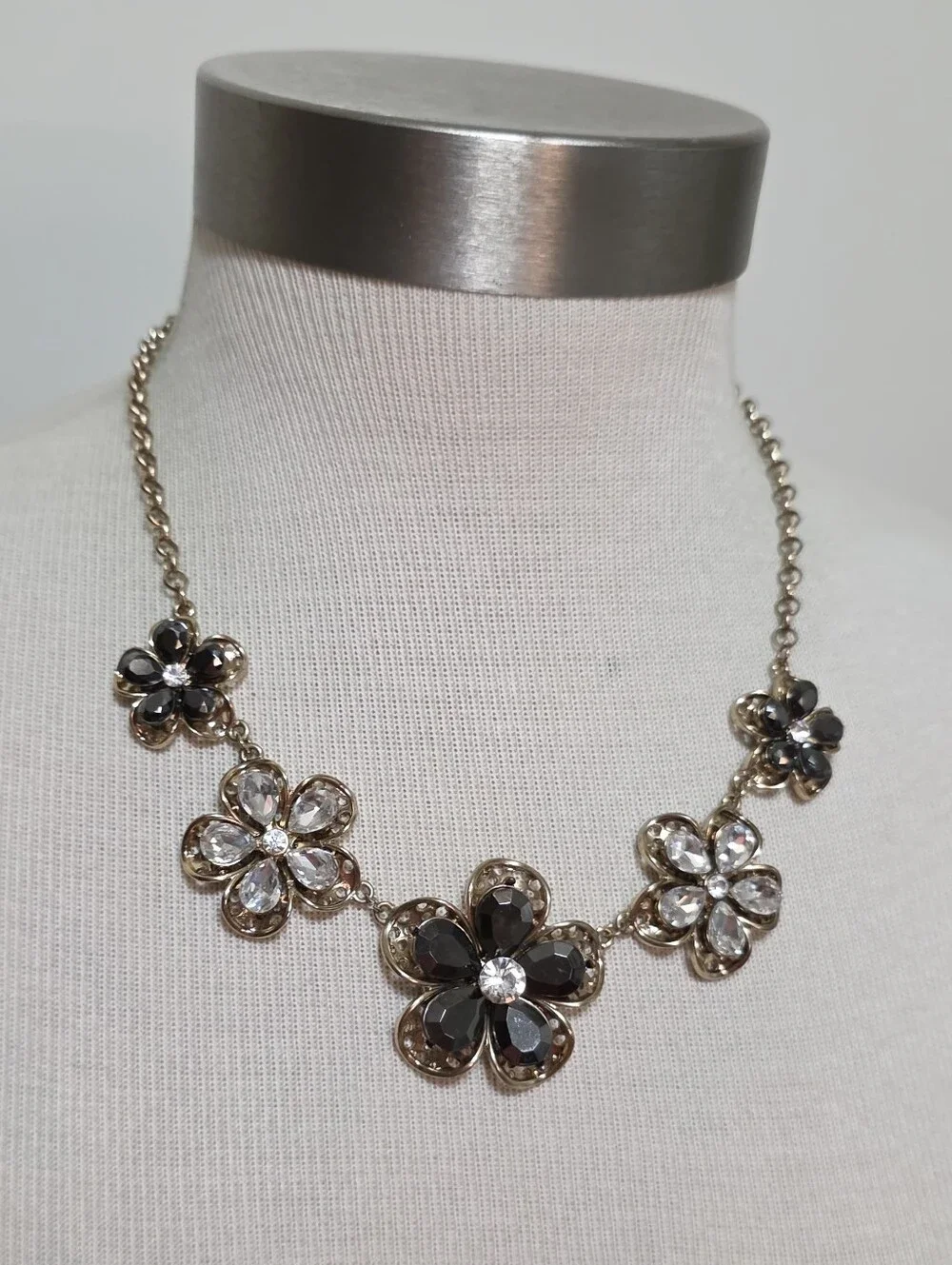 Goldtone Grey Clear Crystal Flower Statement Necklace 22